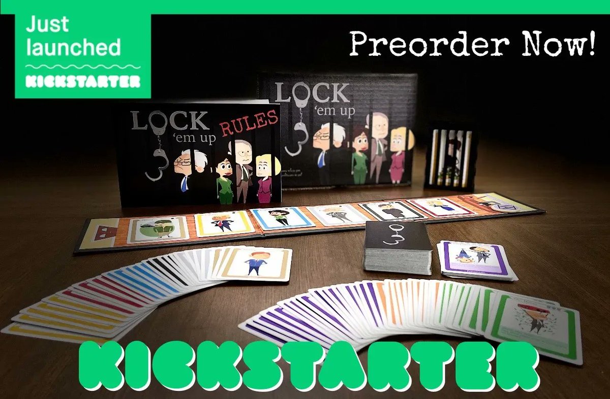 LockEmUpToday's tweet photo. If you’re not familiar with Kickstarter, it’s basically like pre-ordering something that you only pay for at the end of the campaign if we meet our funding minimum goal. Check it out at https://t.co/MY41b9vJVw 
#LockThemUp #kickstartergames #boardgames #politicalsatire #politics https://t.co/BOdJyWsPgb