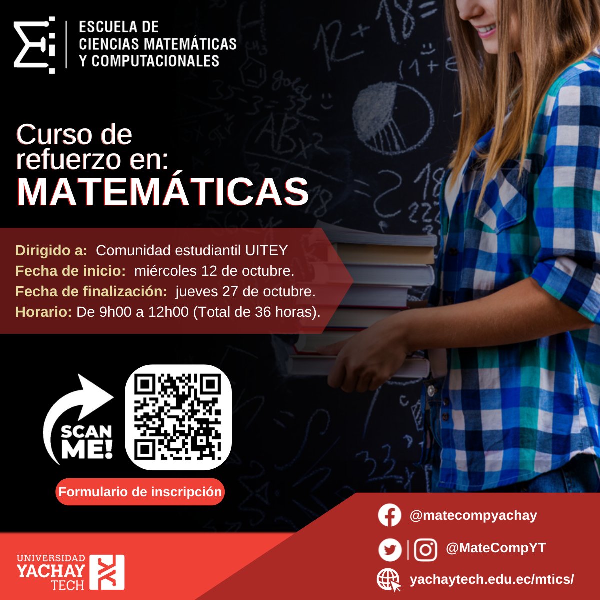 MateCompYT's tweet photo. La ECMC invita a los estudiantes de la UITEY a incribirse en los cursos de refuerzo de matemáticas.
Consulta los contenidos del curso:
https://t.co/OSFmiVi5dA
Formulario de inscripción:
https://t.co/zAxYQIoifw
.
.
#SomosYachayTech #ciencia #tecnologia #investigacion #matematicas https://t.co/4CM1LObTys