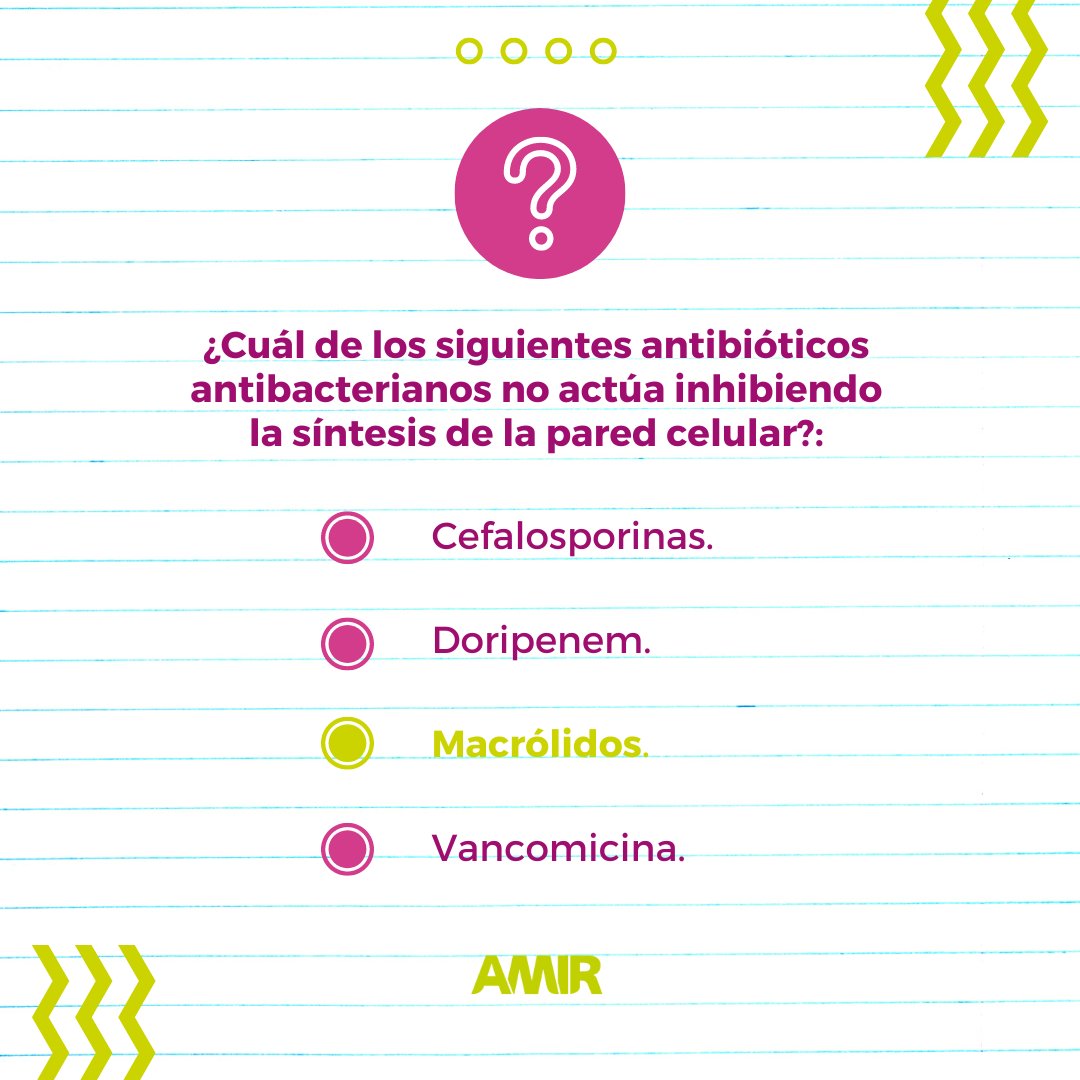 academiamir's tweet photo. Aquí os dejamos la respuesta a la #PreguntaMIR del día miércoles.

🔎 ¿Cuál de los siguientes antibióticos antibacterianos no actúa inhibiendo la síntesis de la pared celular?
Respuesta: Macrólidos. https://t.co/v0WuAlZWPi