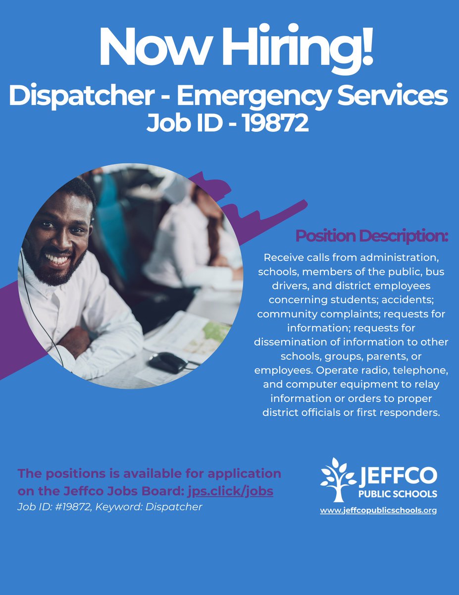 Dispatcher - Emergency Services play a vital role within our district! Are you someone who thrives in supporting community members, employees, parents and students?  Can you operate a radio, telephone and computer effectively to relay information?