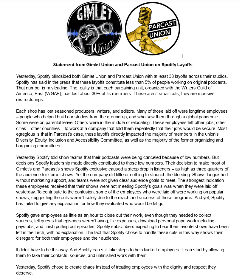 .<a href="/GimletUnion/">Gimlet Union</a> &amp; our joint statement on yesterday's layoffs @ParcastNetwork <a href="/Gimletmedia/">Gimlet</a> <a href="/Spotify/">Spotify</a>