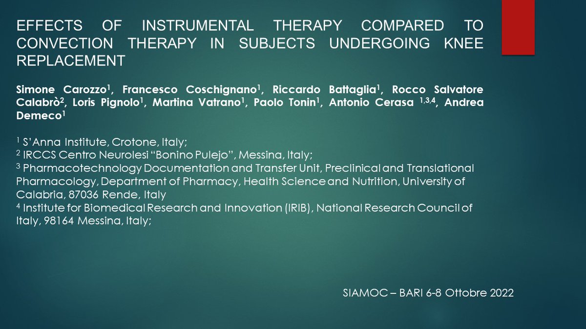 SimoneCarozzo's tweet photo. Al #Congresso Nazionale @Siamoc2 a presentare lo studio "EFFECTS OF INSTRUMENTAL THERAPY COMPARED TO CONVECTION THERAPY IN SUBJECTS UNDERGOING KNEE REPLACEMENT" https://t.co/IyJiIzGWaB