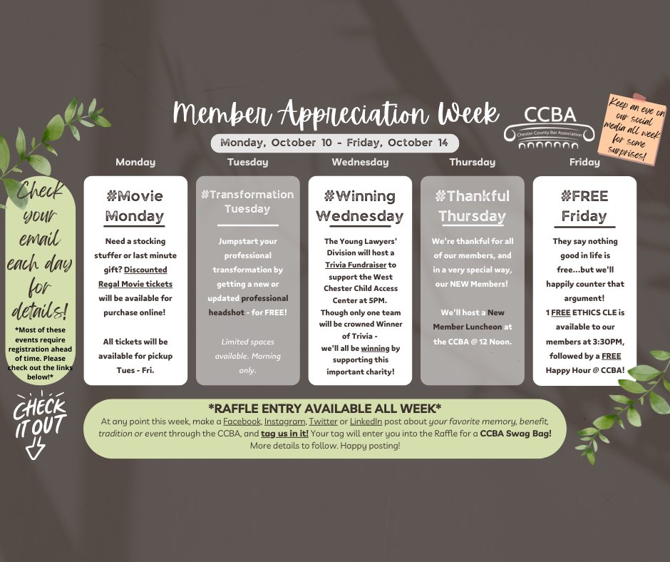 Happy Membership Appreciation Week! It’s that special time of the year, where we get to say “Thank you” to our members in the BEST way possible. Check out the perks, discounts, and events that we have planned for you. Check out our calendar here: chescobar.org/?pg=CCBACalend…