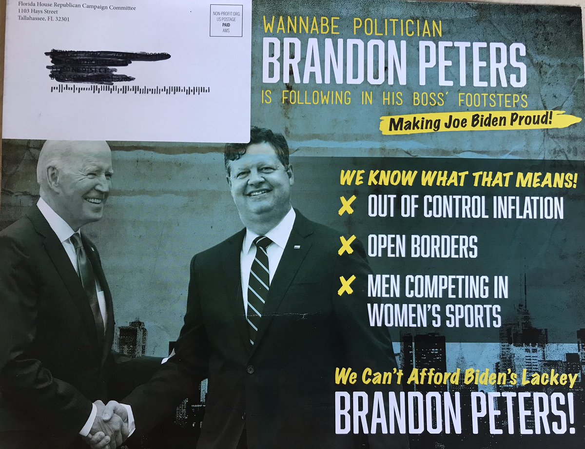 DebFlblu's tweet photo. Lyin’ pieces of 💩! Republican Party of Florida sent out this mailer today- Dem Brandon Peters is running for House Dist 22 here in N. Central Fl against ncumbent Clemons. CK out R mailer, Brandon has never met Biden (photoshop) Repugs have zero problem lyin’The whole flyer is 😂 https://t.co/gacRzVEq8d