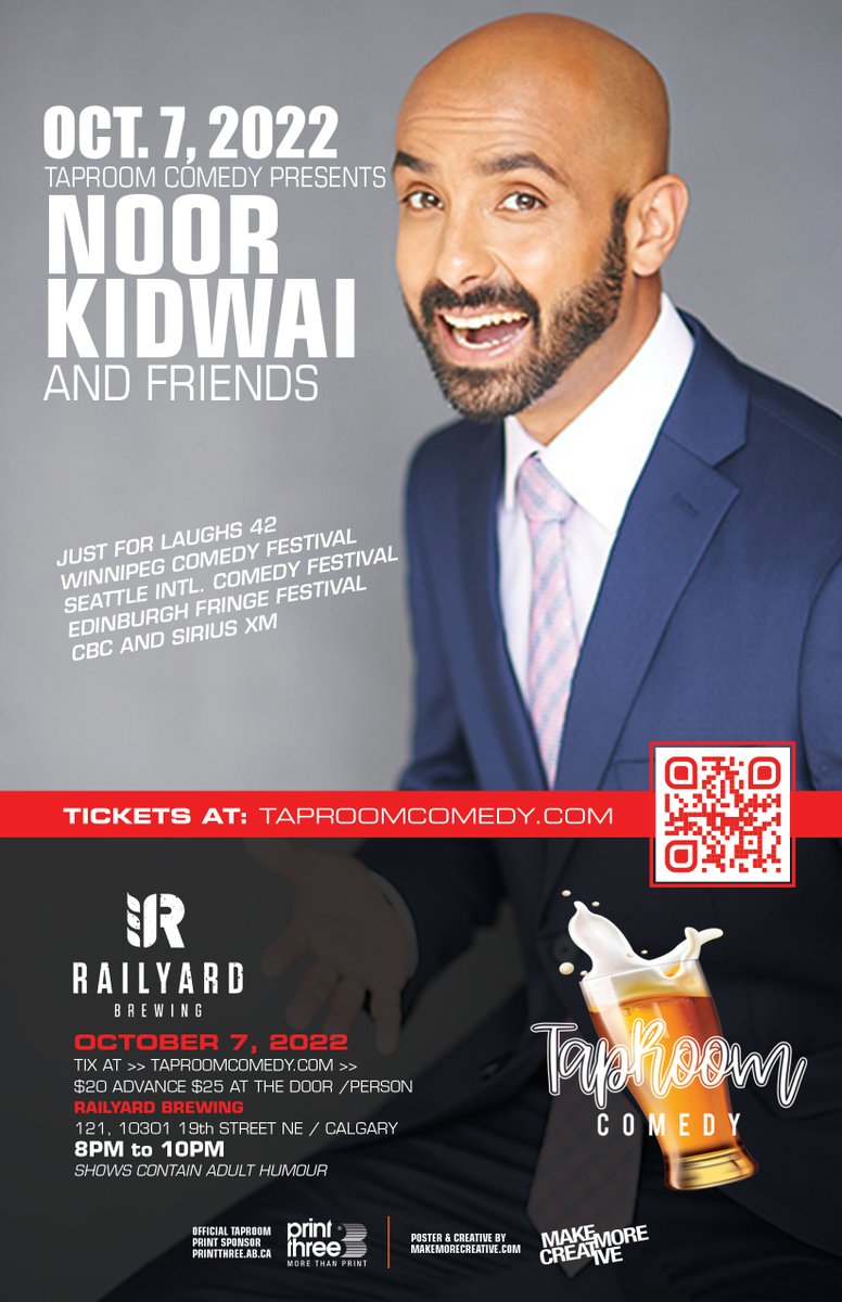 Tonight! Taproom Comedy Pres: Noor Kidwai at Railyard Brewing! Going to be a FANTABULOUS show! Pick up your tics in advance, they are cheaper than buying them at the door. PLUS they have great beer! #Standup #comedy #standupcomedy #Calgary #craftbeer #brewery #taproomcomedy