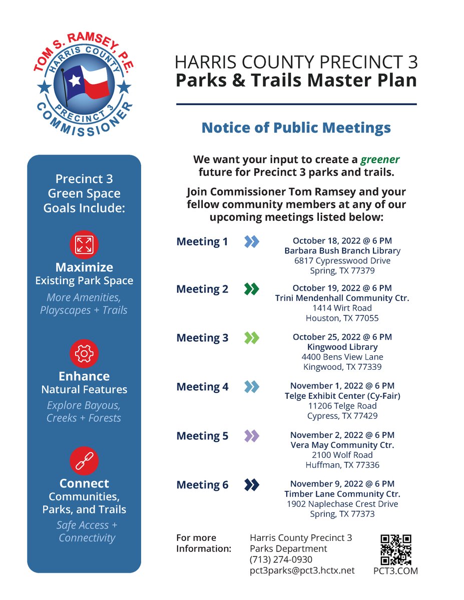 HarrisCoPct3's tweet photo. 🌳Do you enjoy the outdoors? Commissioner Ramsey wants your input to create a greener future for Precinct 3 parks and trails. 

🔔Calling on all community members to join us at any of our upcoming meetings. Click on the flyer and mark your calendar.

#ParksandTrails #HouNews https://t.co/GFGEndTDWq