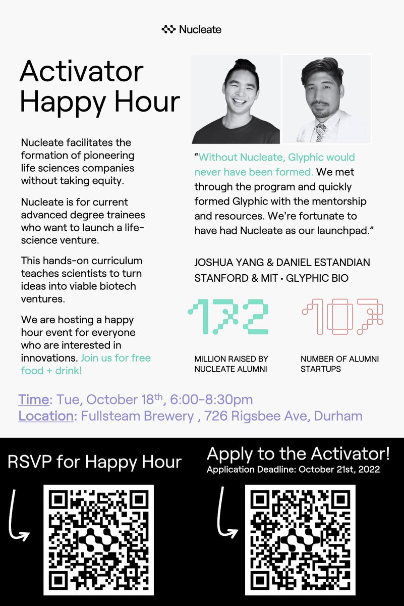 JOIN US on Tuesday, Oct. 18th from 6-8:30PM at <a href="/fullsteam/">Fullsteam</a> in Durham to learn more about the Nucleate Activator program🎉

APPLY to the 2022 Nucleate RTP Activator program by Oct. 21st📝