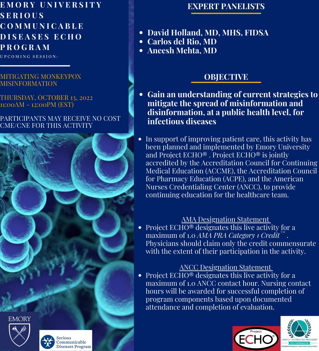 6 days away! 10.13.22 – Mitigating #Monkeypox #Misinformation 
#InfectiousDisease #MedTwitter #NurseTwitter #PPE #Vaccination
#InfectionPrevention #HealthCare #StaySafe #Virus #HealthCareWorkers #SpecialPathogens
#CEU #ContinuingEducation
Register Here 👉zoom.us/webinar/regist…