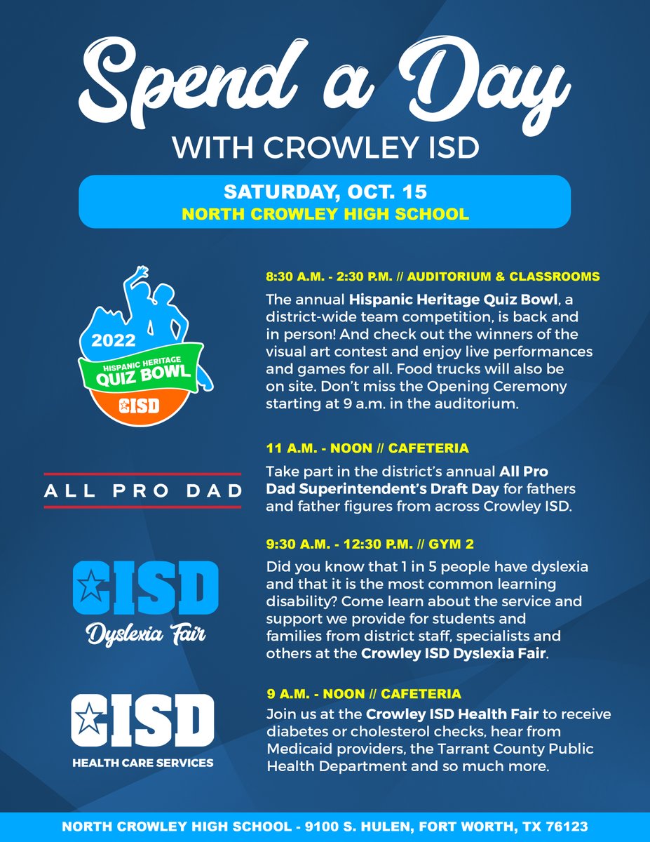 Join us on Saturday, Oct. 15 for day of fun-filled activities for the whole family! Our annual Hispanic Heritage Quiz Bowl, visual art show, live performances, food trucks, health fair, dyslexia fair and so much more will be held at North Crowley High School. #CrowleyPrideUnified