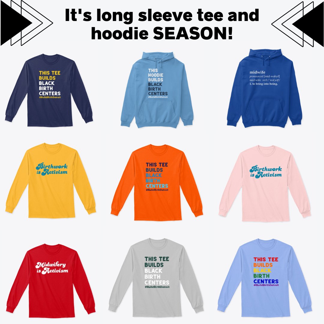 BirthDetroit's tweet photo. It's time for long sleeve tees and hoodies. Fall is HERE. Birth Detroit has new colors and offerings for the fall. . Get your #BirthDetroit swag and help build Detroit's first freestanding #birthcenter. https://t.co/5qbmgVZSwY
#BuildBirthDetroit
#MoreBlackMidwives
#Detroit https://t.co/j9UZ9kQden