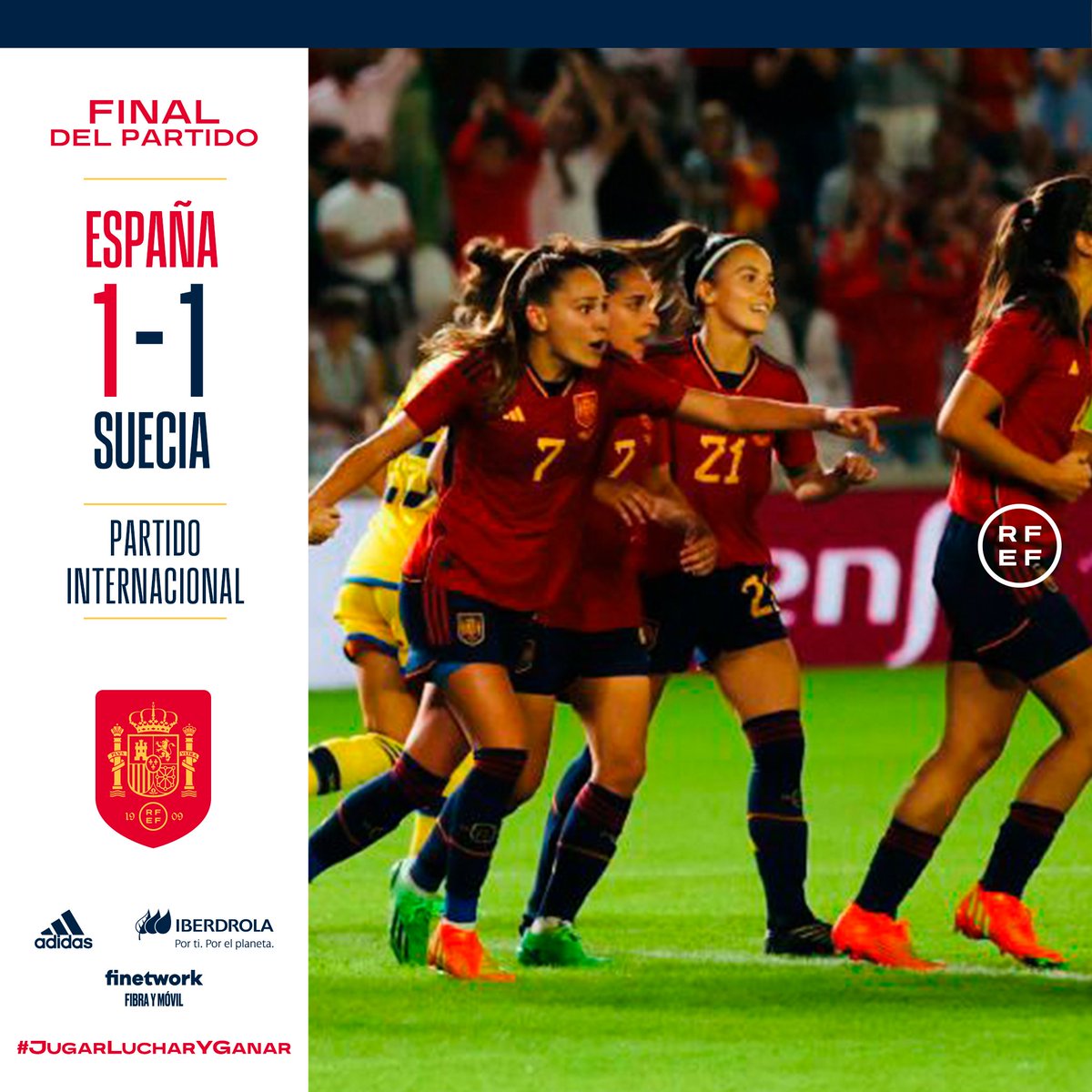 SEFutboIFem's tweet photo. 🔚 ¡𝗙𝗜𝗡𝗔𝗟 𝗗𝗘𝗟 𝗣𝗔𝗥𝗧𝗜𝗗𝗢!

🤝 España y Suecia empatan en Córdoba. La @SEFutboIFem sigue creciendo y compitiendo contra grandes selecciones. Damos así un paso más hacia el top 1 mundial, igualando el mismo resultado que consiguió Irlanda del Norte.

#JugarLucharYGanar https://t.co/SFxtTLLPol