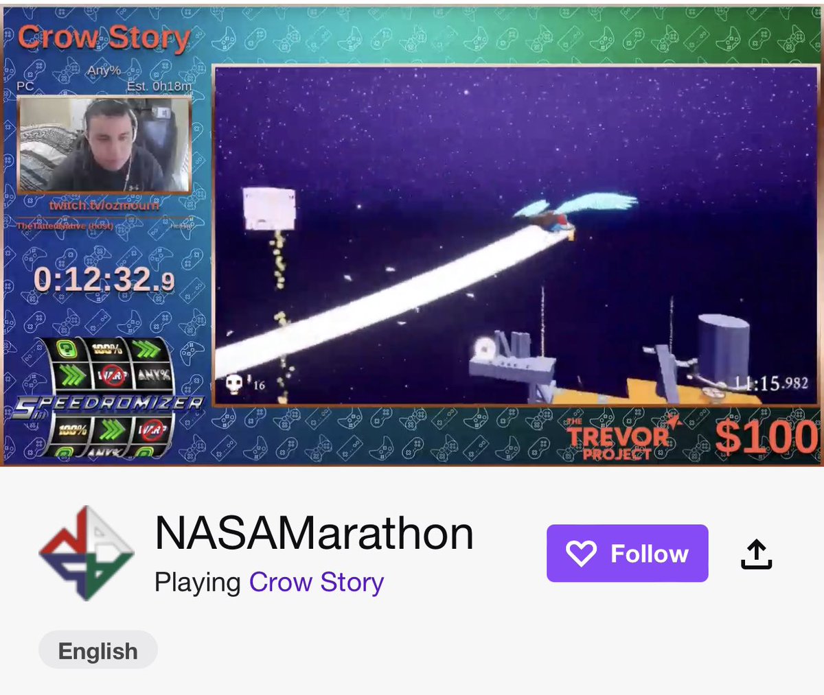 log64dev's tweet photo. Thanks @NASAMarathon for featuring Crow Story! Check out https://t.co/fG0l0cEGO8 for more speedrunning goodness 😁

#gamedev #speedrun #3dplatformer https://t.co/Tt2NWHlgXI