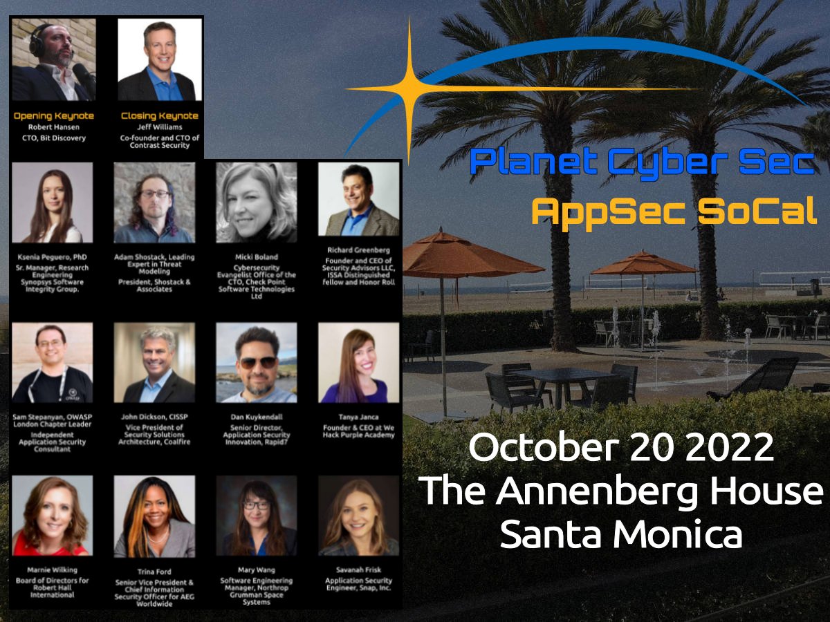 We are back at the beach on October 20th for a deeper dive into current application security issues and technologies. 
 bit.ly/3PK1o6P
<a href="/RSnake/">Robert Hansen</a> <a href="/planetlevel/">Jeff Williams</a> <a href="/KseniaDmitrieva/">Ksenia Peguero, PhD</a> <a href="/adamshostack/">adam shostack</a> <a href="/securestep9/">Sam Stepanyan</a> <a href="/johnbdickson/">John B. Dickson</a> <a href="/dan_kuykendall/">Dan Kuÿkendall</a> <a href="/shehackspurple/">Tanya Janca | Shehackspurple</a>
#cybersecurity #appsec