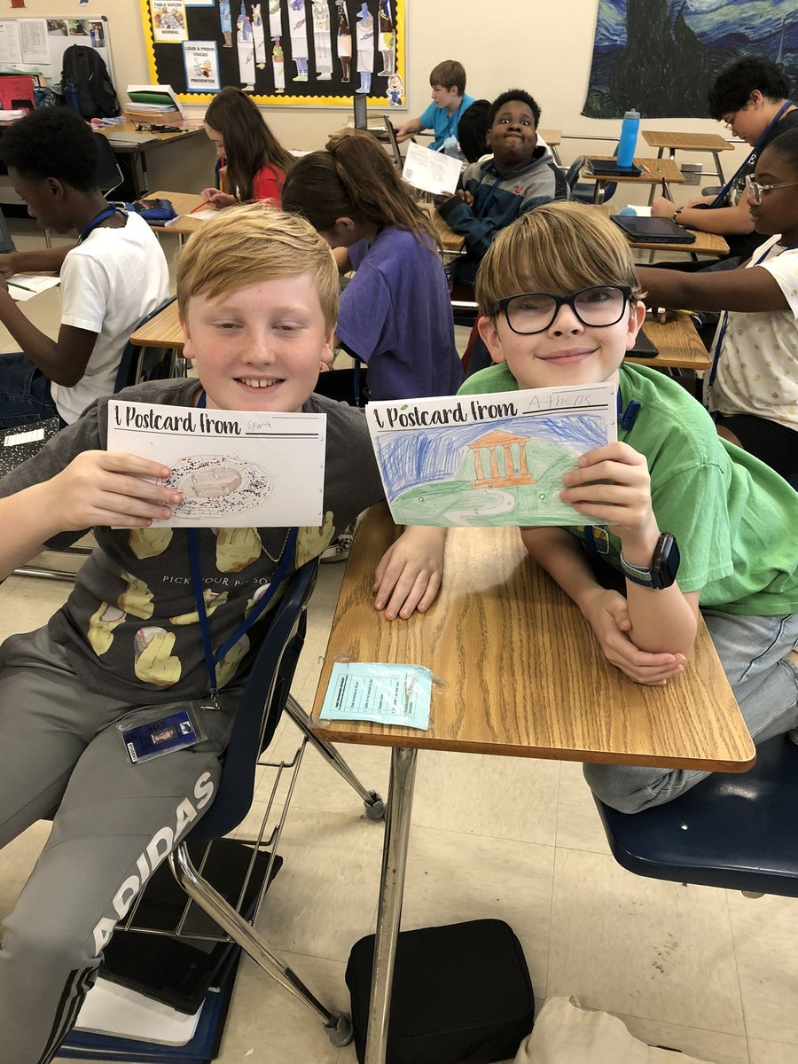 6th grade historians wrote Principal Andrews postcards to persuade her to visit either Athens or Sparta on her next vacation!🏛