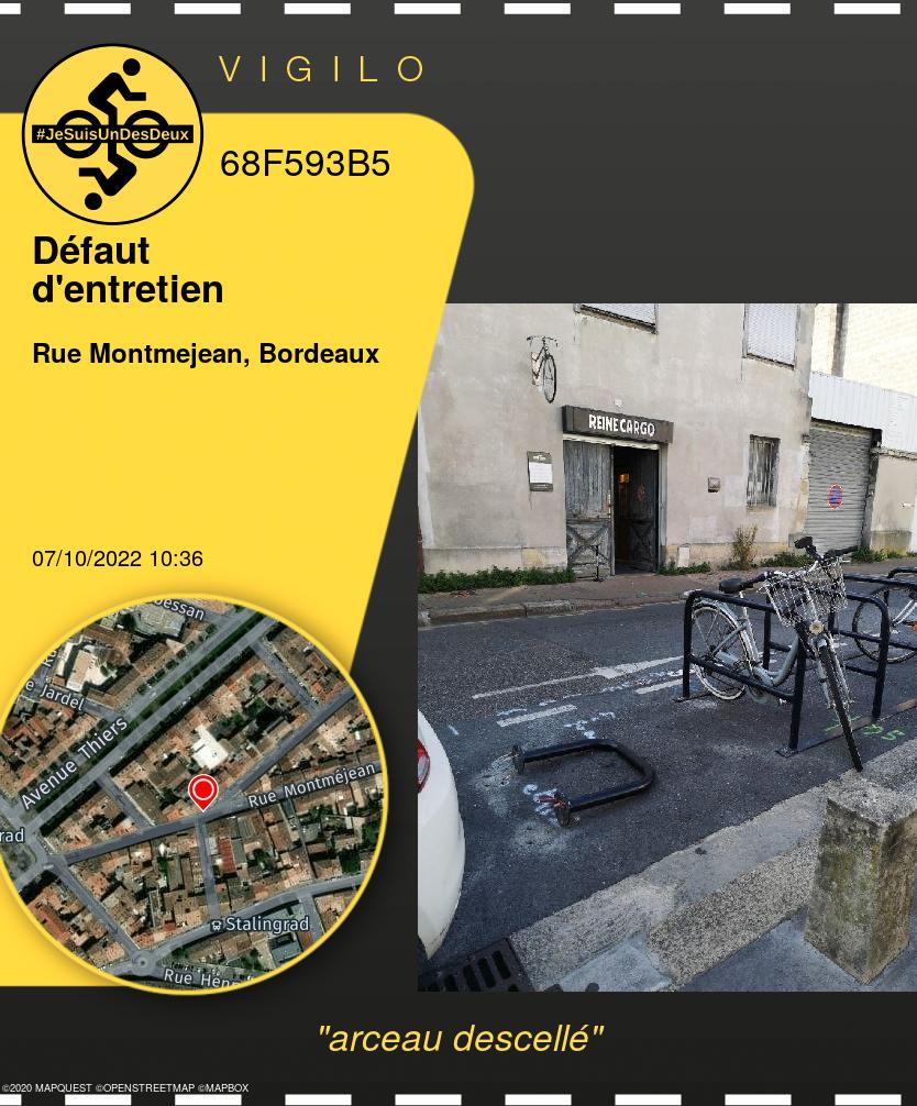 VigiloBordeaux's tweet photo. Et un nouveau signalement sur vigilo : 
arceau descellé 
https://t.co/nI273OZyEK
#Défaut d'entretien #Bordeaux @cycles_maniv 
 @BxMetro #jesuisundesdeux https://t.co/gV8zdAOFPe