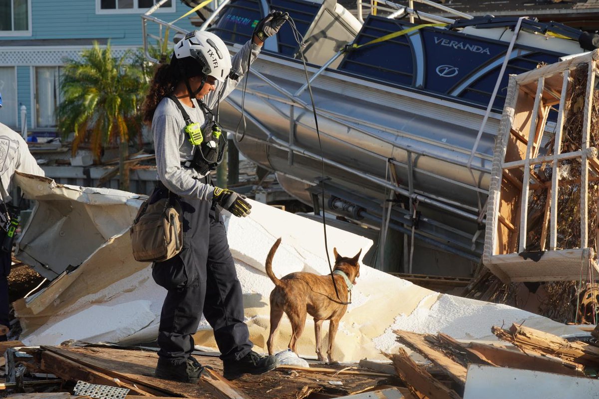 txtf1's tweet photo. Today TX-TF1 continued conducting secondary searches in Ft. Myers neighborhoods.Our members have been doing an outstanding job this week performing physical &amp; canine searches. We thank our logistics team, doctors &amp; @TAMUVET1 whose been working with us daily.#TEEX #TDEM #Hurricane https://t.co/RfVnTlTIV3