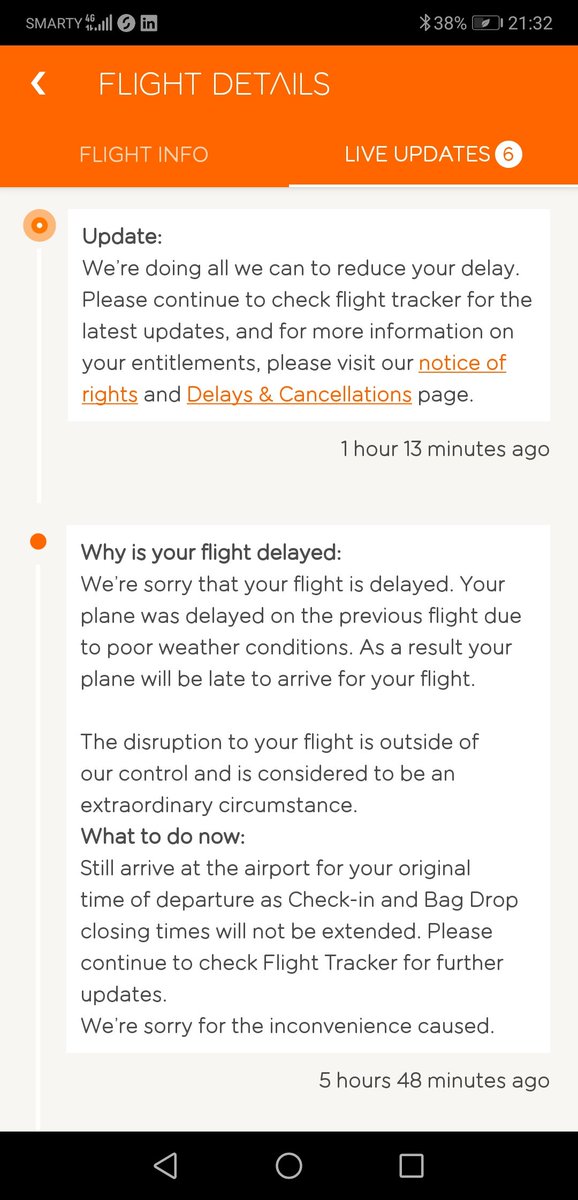 Neil06767536's tweet photo. @Claim4Delay I am due to travel on this flight however on the easyJet app the status update says the delay is due to weather and so no compensation as this is viewed as exceptional circumstances. The weather at both Belfast and Gatwick is mild. https://t.co/8hK207JApS