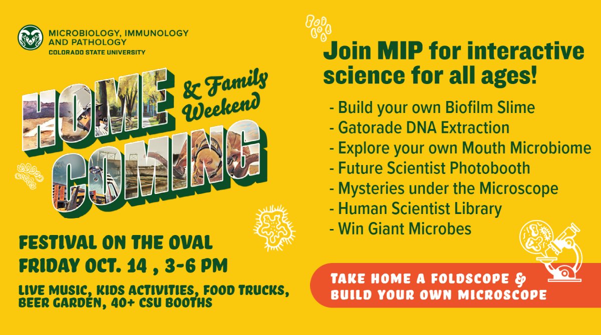 CSU_MIP's tweet photo. You are invited to the Festival on the Oval for #CSU Homecoming & Family Weekend next Friday, Oct 14th from 3-6 pm.
#MIP's booth will feature interactive #Science activities, art, and giveaways for all ages! π¦ π§«π₯Ό
#CSUHomecoming #MIPAlumni #FestivalOnTheOval https://t.co/a2xx2k8Hno