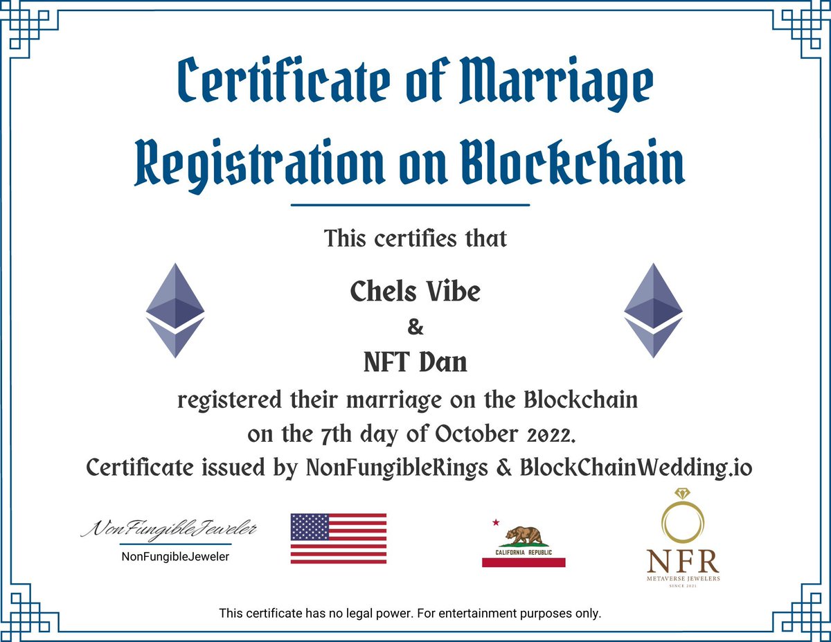 Congrats <a href="/Chels_vibe/">Chels🧘🏼‍♀️</a> and <a href="/CryptoD514/">NFT_Dan | 🐉 $MON</a> 💒🤵‍♀️👰

Your marriage is officially registered on the Blockchain, below is the certificate

opensea.io/assets/ethereu…

etherscan.io/tx/0x981625315…

<a href="/manifoldxyz/">manifold.xyz</a>