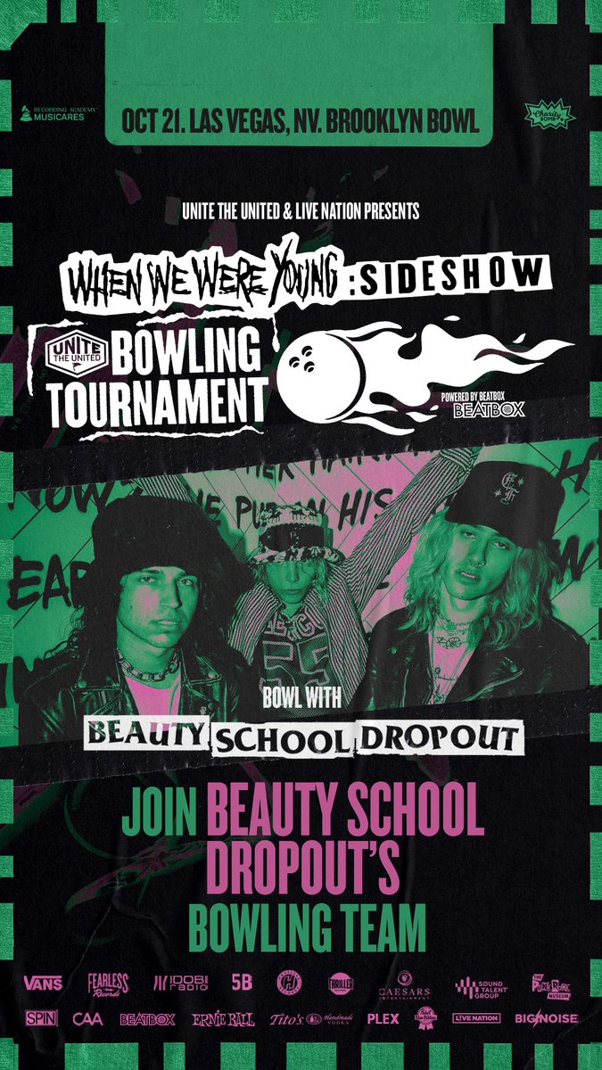 charitybomborg's tweet photo. 1 of 2 • THEY CAN PLAY MUSIC... BUT CAN THEY BOWL??
Find out by joining their team at the @UniteTheUnited 🎳 Tournament happening at the @WWWYFest #strange90s sideshow @BBowlVegas !

More details and enter to win here: https://t.co/C3Tiok3iQa https://t.co/11Wpg3OwYG