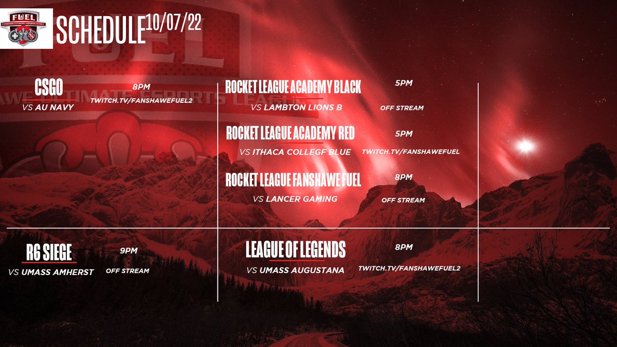 A busy Friday! Starting at 5PM RL Academy Red will be live on twitch.tv/fanshawefuel. Following them at 8PM CSGO will be live vs AU Navy on the same channel. Meanwhile, Fuel LoL will play at 8pm on twitch.tv/fanshawefuel2.
Good luck everyone tonight! 🤞