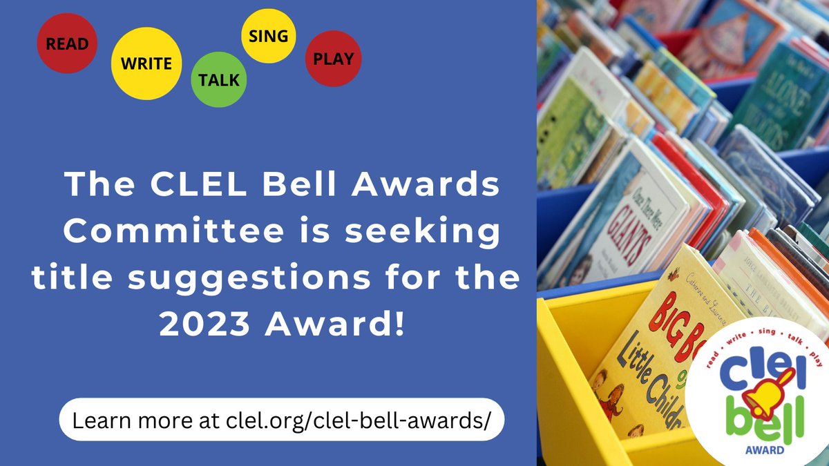 CLELorg's tweet photo. Looking for a good book? CLEL Bell Nominations are rolling in! Check out the CLEL Bell Blog:
https://t.co/FrIG0nS0bB
And there's still time to suggest any new books that have helped you Read-Write-Sing-Talk-Play! #clelcon22 https://t.co/PVGjvzTady