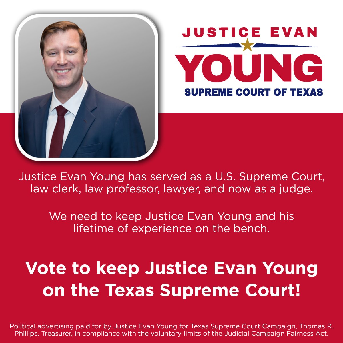 I’ve served as a U.S. Supreme Court Clerk, a law professor, a lawyer at the Department of Justice &amp; in private practice, &amp; now as a Texas Supreme Court Justice. I am honored to put my experience to work on behalf of Texans by defending the rule of law.  justiceevanyoung.com