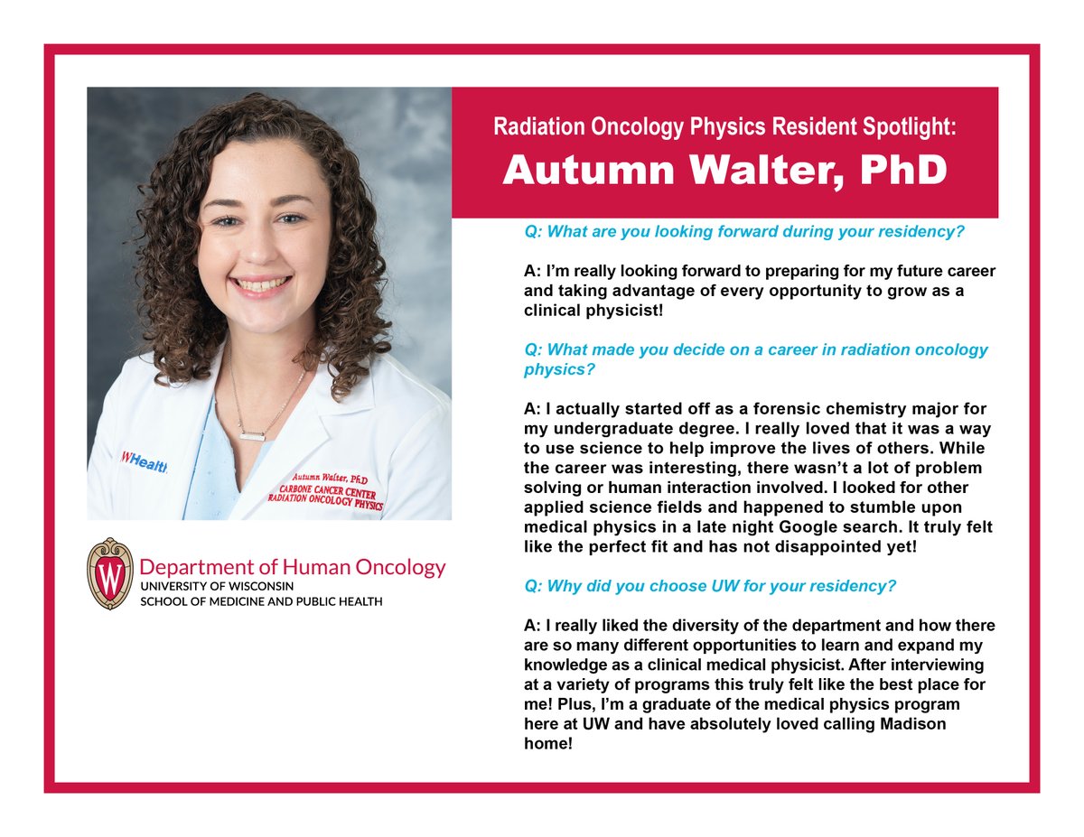 UW Department of Human Oncology (@uw_radoncdho) on Twitter photo <a href="/UW_RadoncDHO/">UW Department of Human Oncology</a> welcomes Dr. Autumn Walter to the Radiation Oncology Physics Residency Program. Dr. Walter earned her PhD in medical physics from <a href="/wiscmedphys/">UW-Madison Department of Medical Physics</a>. Find out more about her below. <a href="/UW_RadoncDHO/">UW Department of Human Oncology</a> welcomes Dr. Autumn Walter to the Radiation Oncology Physics Residency Program. Dr. Walter earned her PhD in medical physics from <a href="/wiscmedphys/">UW-Madison Department of Medical Physics</a>. Find out more about her below.
