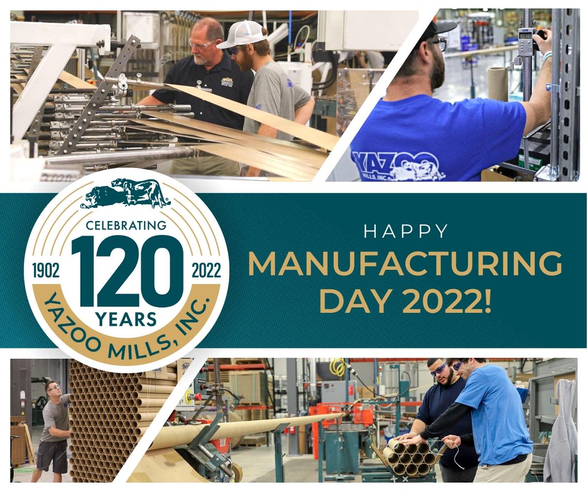 YazooMills's tweet photo. Happy #ManufacturingDay! We're extremely proud to be celebrating 120 years in business as the industry leader for manufacturing 100%, #americanmade recycled #papertubes and #papercores!
.
#yazoomills #120yearsofyazoomills #manufacturing #manufacturingmonth #mfgday22 https://t.co/6nCw5fICuR