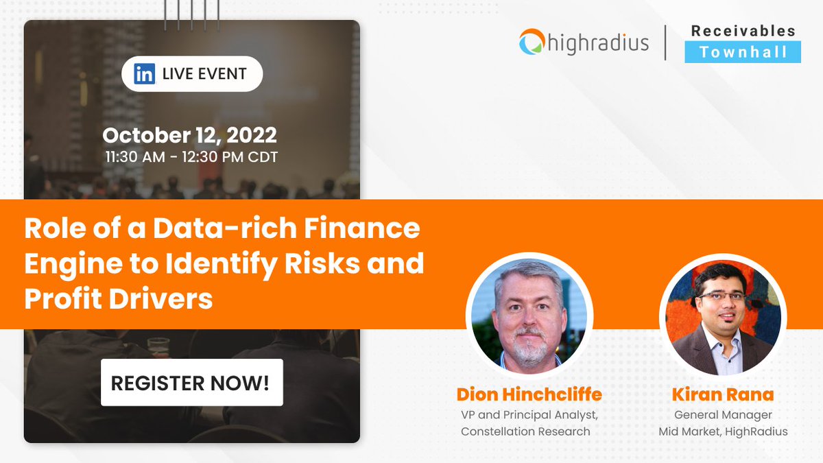 Constellation Research (@constellationr) on Twitter photo Be sure to join <a href="/Dhinchcliffe/">Dion Hinchcliffe</a> & <a href="/HighRadius/">HighRadius</a> GM <a href="/kiranbikash/">Kiran Rana</a> on 10/12 @ 11:30 AM CT for a discussion on how today's new #cloud-based finance engines transform risk and drive growth: bit.ly/3LMsEBh #cio #cfo #digitaltransformation #automation #AI Be sure to join <a href="/Dhinchcliffe/">Dion Hinchcliffe</a> & <a href="/HighRadius/">HighRadius</a> GM <a href="/kiranbikash/">Kiran Rana</a> on 10/12 @ 11:30 AM CT for a discussion on how today's new #cloud-based finance engines transform risk and drive growth: bit.ly/3LMsEBh #cio #cfo #digitaltransformation #automation #AI