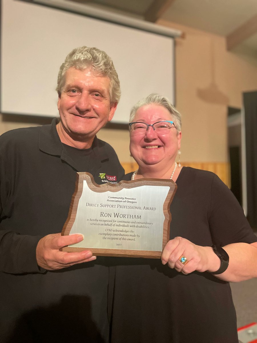WeRExceed's tweet photo. Pictured below is Ron Wortham and his wife Kay. Ron earned the DSP of the year around. He began as a driver transporting folks to and from work. Not long after, he became a Community Support Specialist and is a favorite among all. Congrats, Ron! 

 #teamworkmakesthedreamwork https://t.co/Os63Qp5zSP