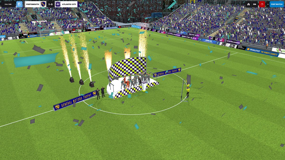 ThomCaito's tweet photo. Won the General Motors Trophy, lower league cup competition in this USA Pro/Rel #FM22 database. Having fun bringing a club I designed for a contest up through the levels. Currently in tier 7. #PortsmouthNavalClub #CreateAClub https://t.co/fNrqS8VViN