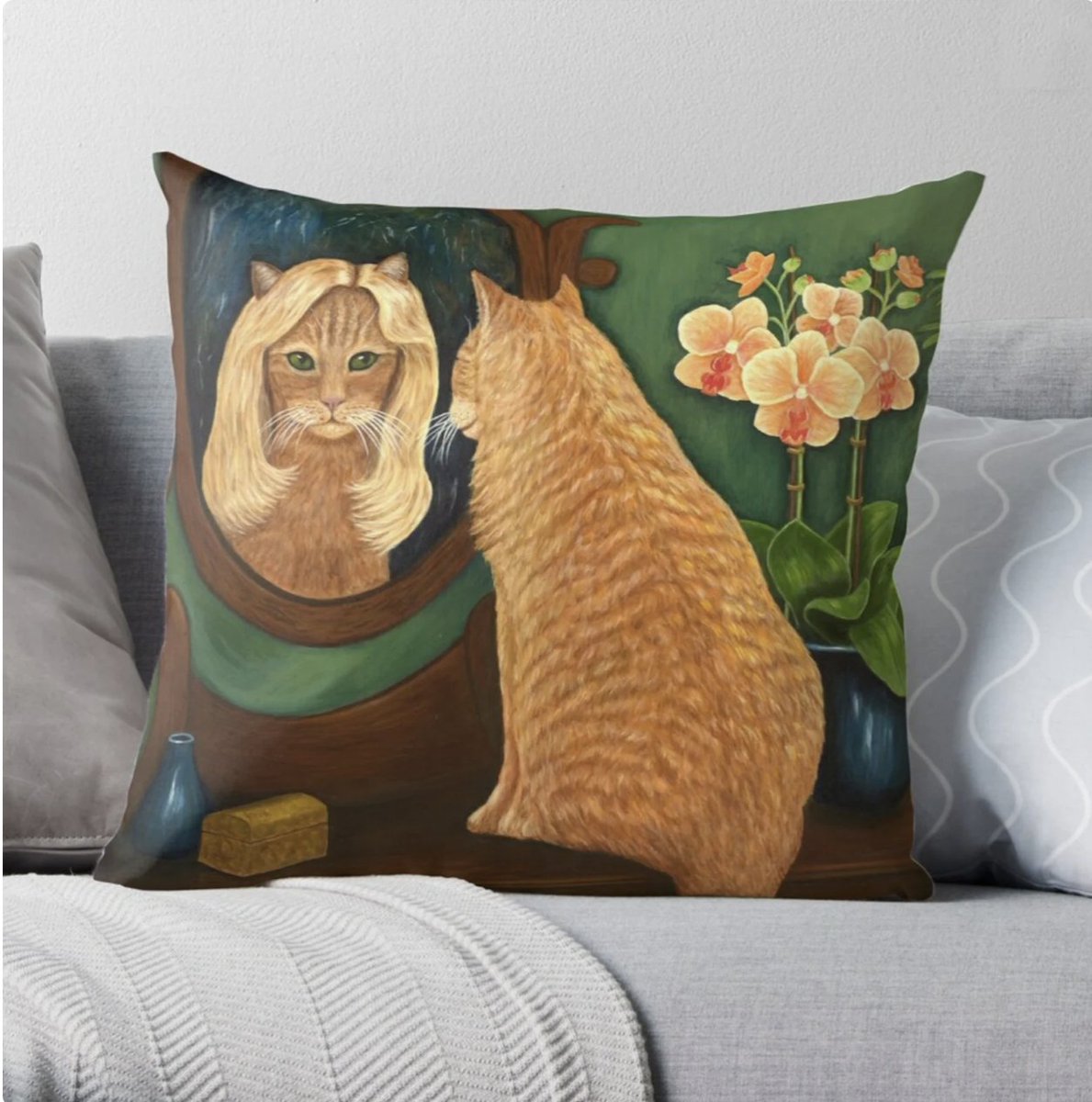 KarenZukArtist's tweet photo. Orange Tabby Cat Looking into Mirror. Cat with blonde wig stares back. Fun Cat Pillow!
https://t.co/1OO0CIH1wm...
#orangetabbycat #gingercatart #humorouscatart #BuyIntoArt #FallForArt #ShopEarly #GiftThemArt #HolidayShopping #catpaintings #catlovergift #catdecor #catpillow https://t.co/3ddFb7vEzK