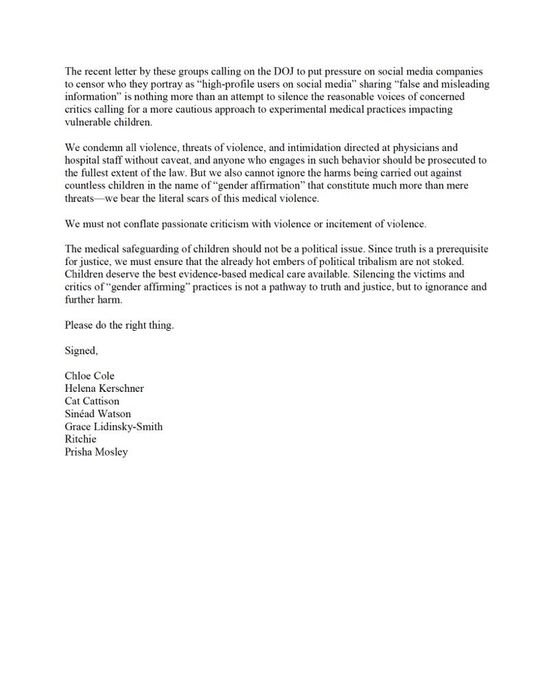 I am announcing a new organization created by myself and fellow detransitioners called Detrans United. We were inspired by the criminal letter written by the AAP and APA to AG Garland to make our first initiative a letter written on behalf of detransitioners. OUR LETTER: