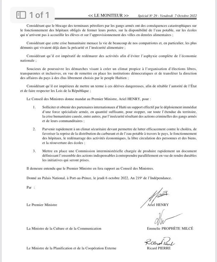 haitienespanol's tweet photo. Estos señores acaban de firmar una petición para solicitar una intervención militar en Haití. Firmado por Ariel Henry,  y otros ministros.

NO A LA INTERVENCIÓN MILITAR. https://t.co/4cgjvrPbN2