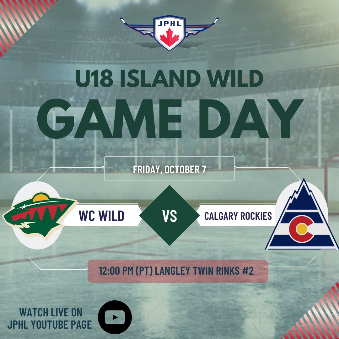 Wild_JPHL's tweet photo. Island Wild U18 look to extend their winning streak and play the Calgary Rockies.  View on Junior Prospect Hockey League YouTube pagetoday at 12:00 PST #builtwild #islandwild #wcwildhockeyacademy #firstvictory #somethingsgottagive @jrprospectshl @wild_jphl @Rockies_JPHL https://t.co/JcfVAlduDC