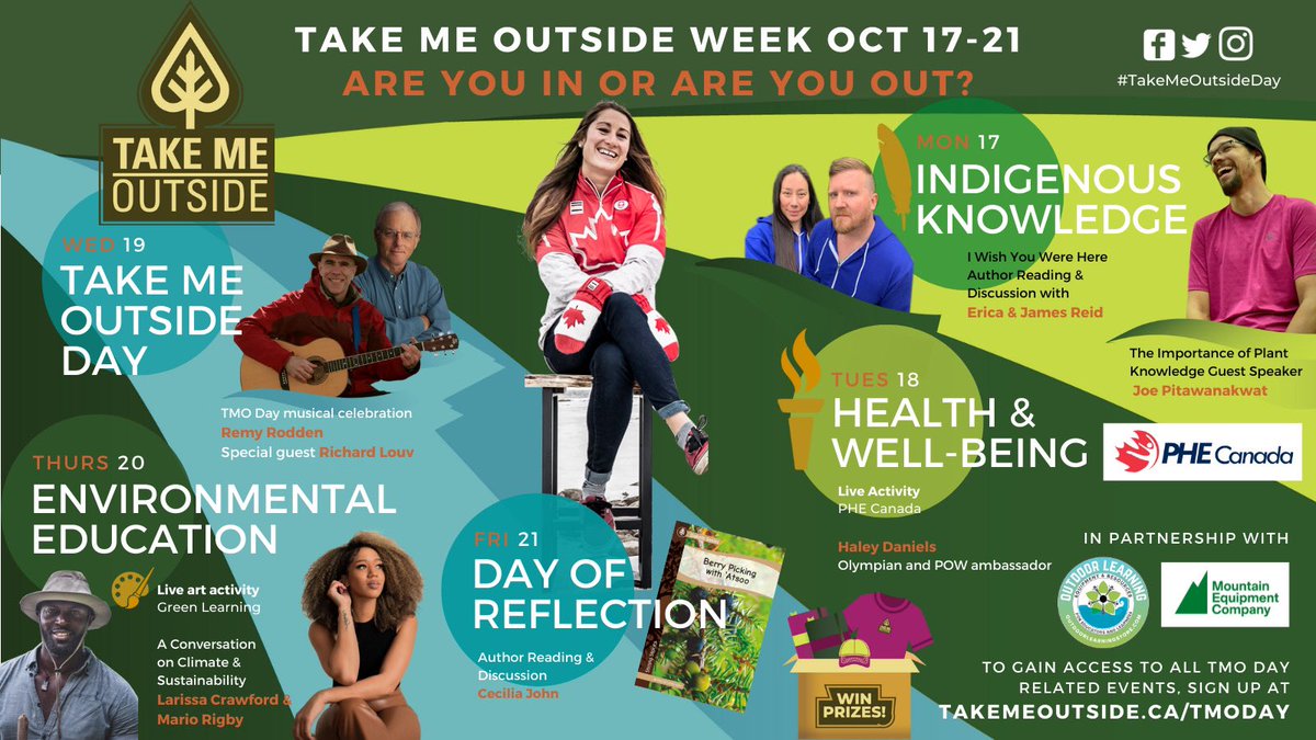 #TakeMeOutsideDay is almost here! 

Join us Oct 17th-21st for an entire week of events, activities, featured speakers and plenty of PRIZES from <a href="/TheOLStore/">The Outdoor Learning School & Store</a>, <a href="/mec/">MEC</a>, <a href="/takemeoutside/">Take Me Outside</a> and more! 🎁 

Don’t miss out! Register now at: takemeoutside.ca/tmoday/