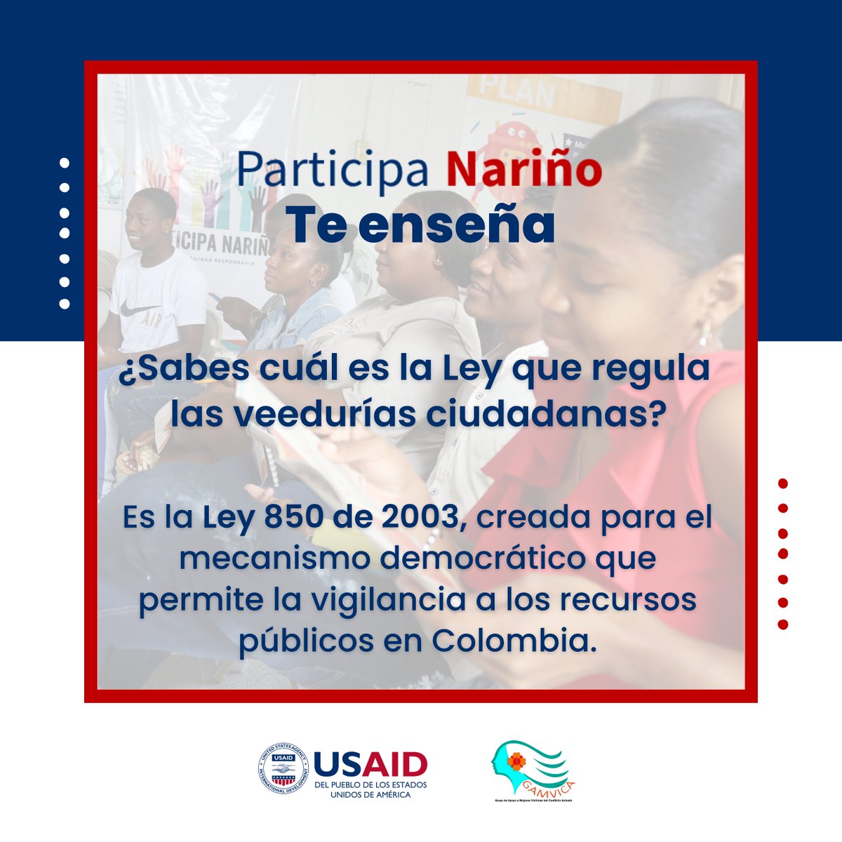 gamvica's tweet photo. ¿Sabes cuál es la ley que regula las veedurías ciudadanas?
También te invitamos a conocer un poco de otras normatividades:
-Control social (Ley 1757 de 2015)
-Juntas de vigilancia (Ley 454 de 1988)
-Comités de control a los servicios públicos domiciliarios (Ley 142 de 1994) https://t.co/Ei7QXLSzMf