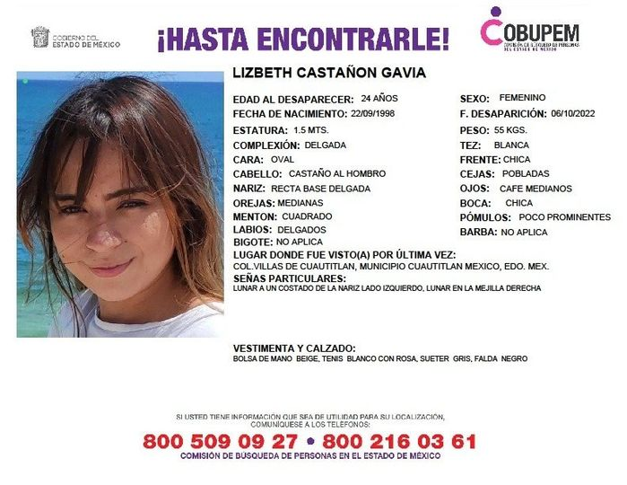 Solicitamos de tu apoyo en difusión para dar pronta localización a Lizbeth Castañón Gavia, comunícate a los teléfonos de COBUPEM 800 216 0361, 800 509 0927.
