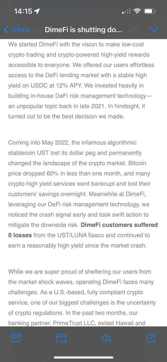Panic2Switch's tweet photo. @Dime_Fi I wanted to say thank you for your service, and for keeping us protected through the market volatility like you said you would. I have nothing but good things to say about you, and I wish you luck on your next endeavor. Cheers https://t.co/t2Grno4Ezs