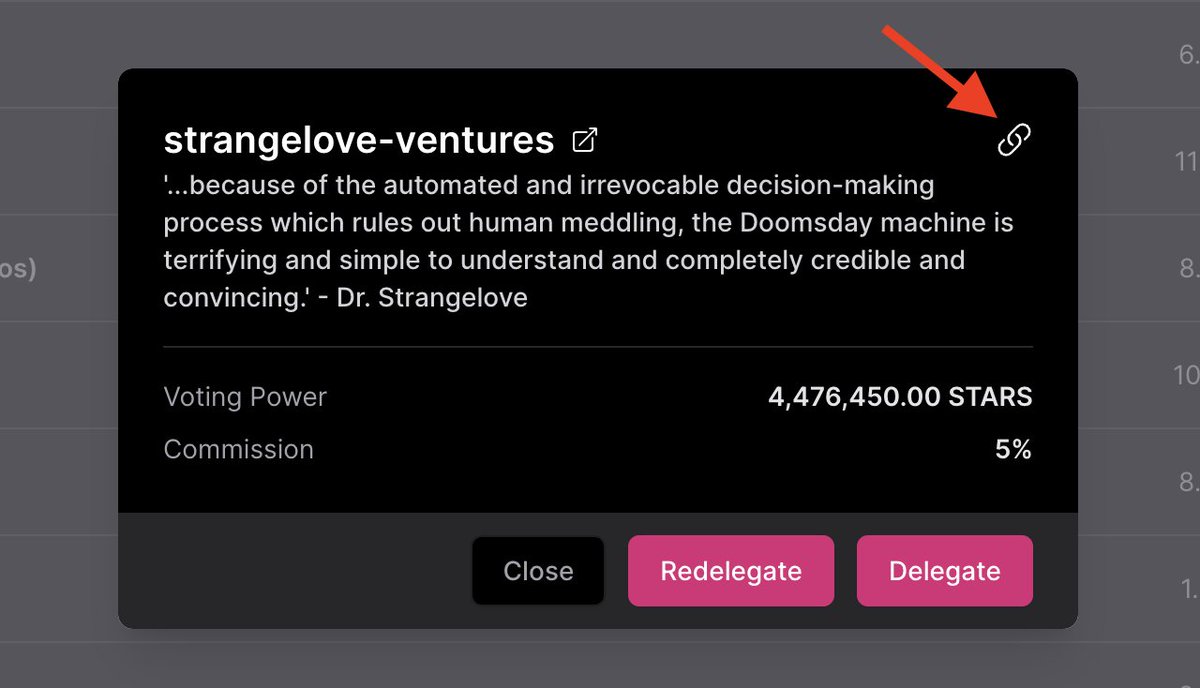 StargazeZone's tweet image. ✨ Validator share links

Validators can now share a permalink directly to their delegation dialog on #Stargaze

stargaze.zone/stake

$STARS