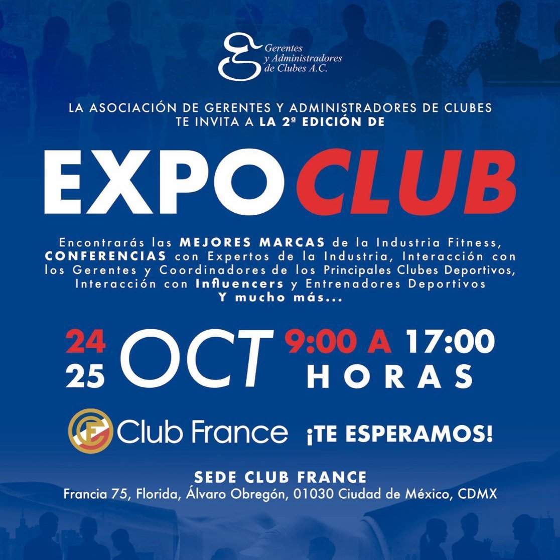 Club France (@clubfrance) on Twitter photo 2da. Edición EXPO CLUB en Club Frace
24 y 25 de Octubre 9 a 17h.
La Asociación de gerentes y administradores de Clubes te invita <a href="/GAClubesAC/">Asociación de Gerentes de Clubes Deportivos</a>
Mayores informes: n9.cl/6prt8
#club #clubdeportivo #cdmx #eventosoctubre #expoclub #octubre2022 2da. Edición EXPO CLUB en Club Frace
24 y 25 de Octubre 9 a 17h.
La Asociación de gerentes y administradores de Clubes te invita <a href="/GAClubesAC/">Asociación de Gerentes de Clubes Deportivos</a>
Mayores informes: n9.cl/6prt8
#club #clubdeportivo #cdmx #eventosoctubre #expoclub #octubre2022
