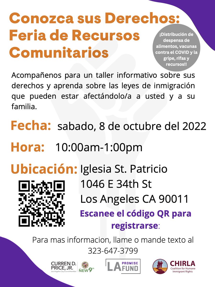 Happening tomorrow! 

Join the LA Promise Fund team, Councilmember <a href="/CurrenDPriceJr/">Curren D. Price, Jr.</a> and <a href="/CHIRLA/">CHIRLA</a>  at 10 am for an informative workshop to learn about your rights related to immigration reform and how it can impact your family.