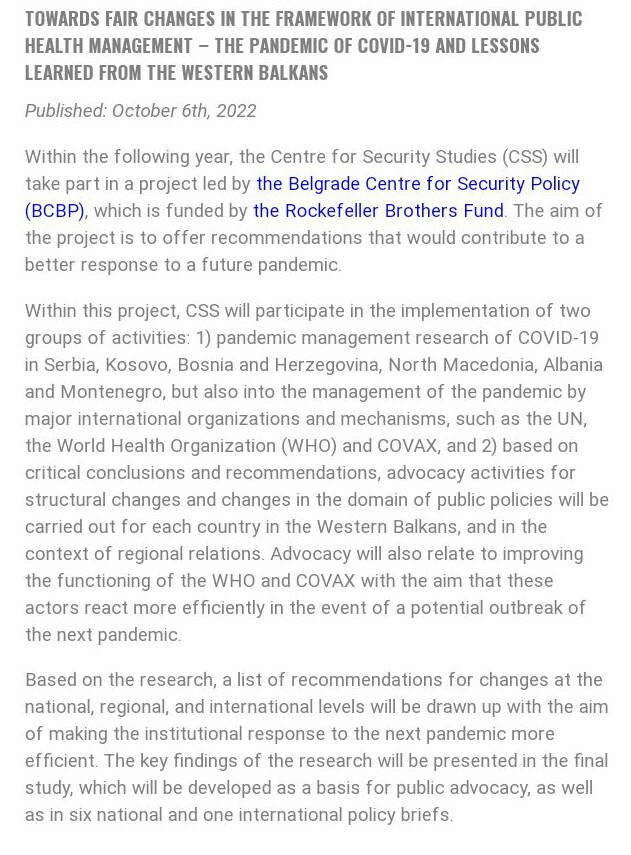 ivanajpavlovic's tweet image. Naredna pandemija😱
Centar za sigurnosne studije (#CSS) css.ba
učestvuje u projektu koji predvodi 
Beogradski centar za bezbednosnu politiku (#BCBP) 
bezbednost.org/en/about-us/bs…,
a koji se finansira putem 
Fonda #RockefellerBrothers 
rbf.org/programs/weste… #COVID19