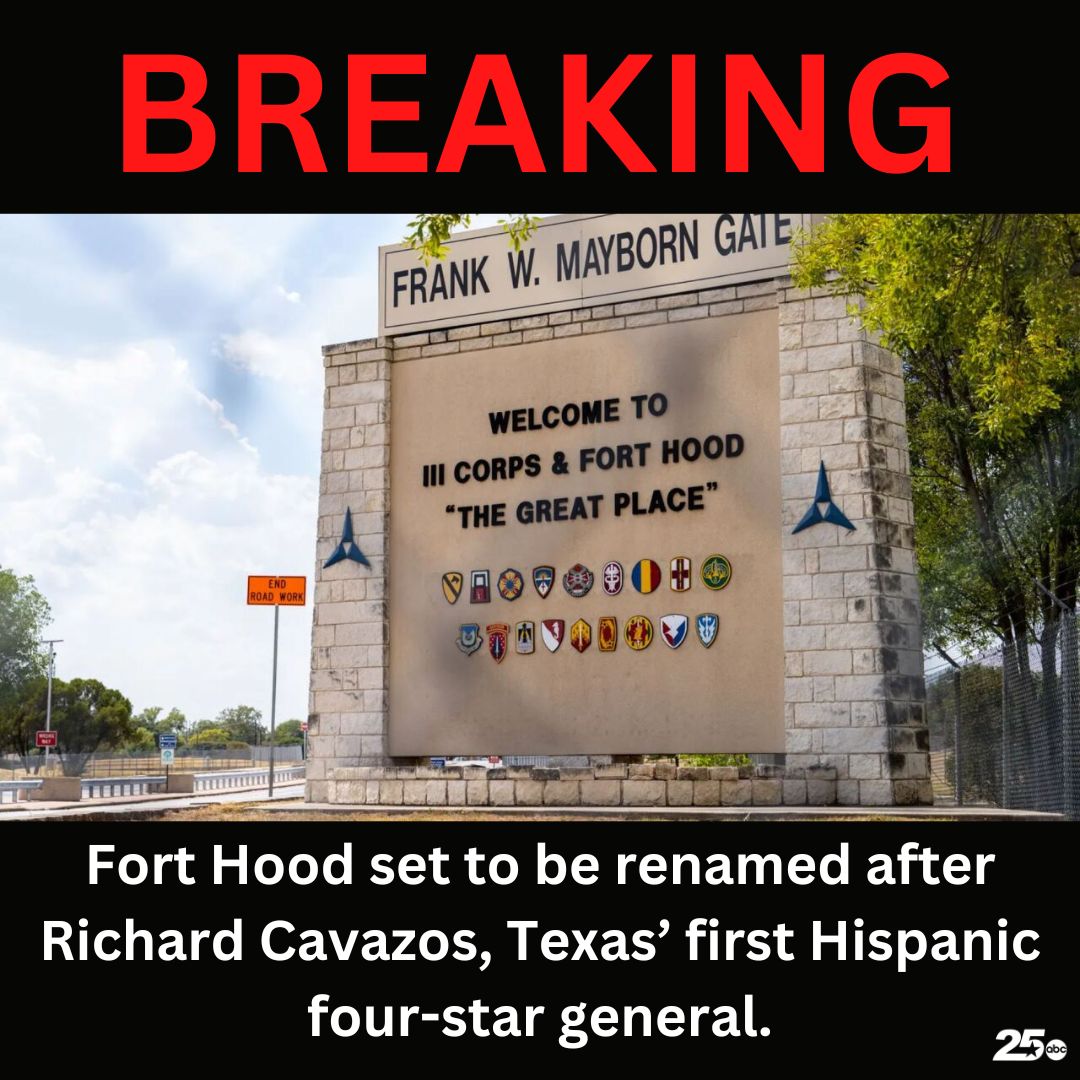25NewsKXXV's tweet image. #BREAKING: Fort Hood will be renamed and pay homage to a four-star Hispanic general instead of its original namesake, a Confederate general.

For more: kxxv.com/hometown/fort-…