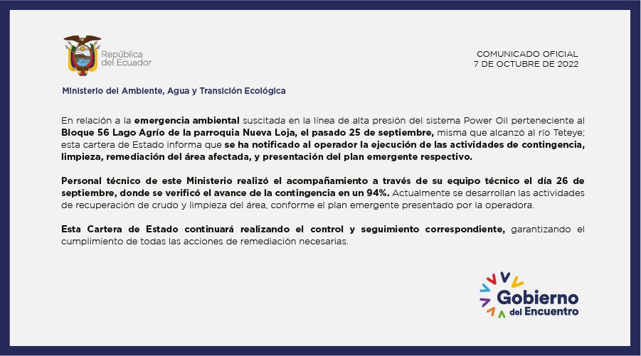 EcuadorMAE's tweet photo. COMUNICADO | Informamos a la ciudadanía las acciones que se tomaron respecto a la emergencia ambiental registrada en #LagoAgrio, el pasado 25 de septiembre. https://t.co/cidkzej6xj