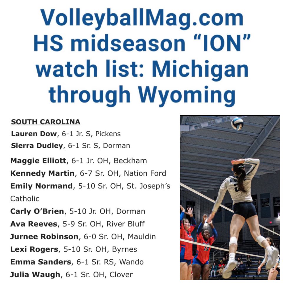 Thank you <a href="/VBMagazine/">VolleyballMag.com</a> for recognizing me as one of the top volleyball players in South Carolina. I am honored to be on the “ION” watch list with all these great players! #GoodBetterBest <a href="/CoachSamWol23/">Sam Wolinski</a> <a href="/DormanVB/">🏐DormanVB🏐</a> <a href="/DormanRadio/">Dorman Radio</a> <a href="/DormanAthletics/">Dorman Athletics</a> <a href="/DruffLegend85/">Garrett Mitchell</a>