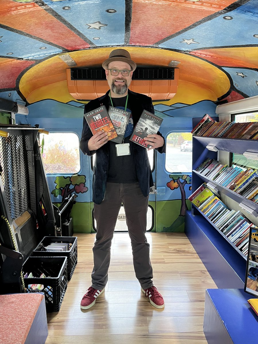 sarahpjustice's tweet photo. Best day ever! Look at all these NC authors that hopped on #TheMagicBookBus today at the #NCSLMA22 conference! @KSekouM @AlanGratz @JohnClaudeBemis @stacymcanulty https://t.co/UHeY0uZmpo
