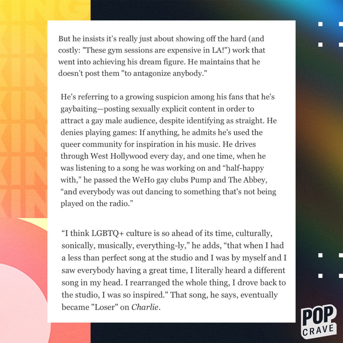 Charlie Puth reveals he's used the queer community for inspiration in his music: 

“I think LGBTQ+ culture is so ahead of its time, culturally, sonically, musically, everything-ly,”

🔗: gq.com/story/gq-hype-…