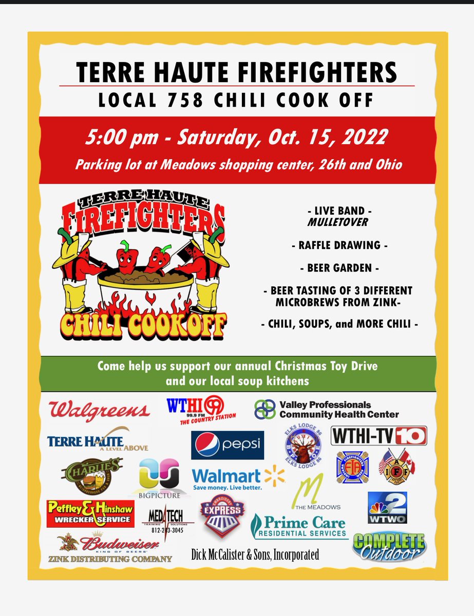 The coveted Chili cook-off is back.  Please come out and support this good cause.  Retweets are welcome.  <a href="/TerreHauteFire/">City of Terre Haute Fire Department</a>